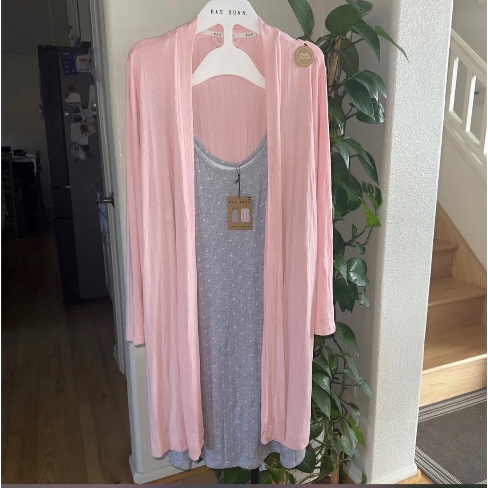 Rae Dunn Womens Pink Ribbed Duster and Grey Polka Dot Bless Sleepshirt Set S